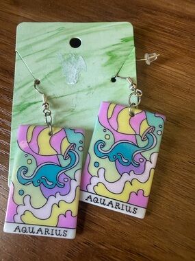 Funky Aquarius Zodiac Dangle Earrings - Pastel Multicolor - Acrylic